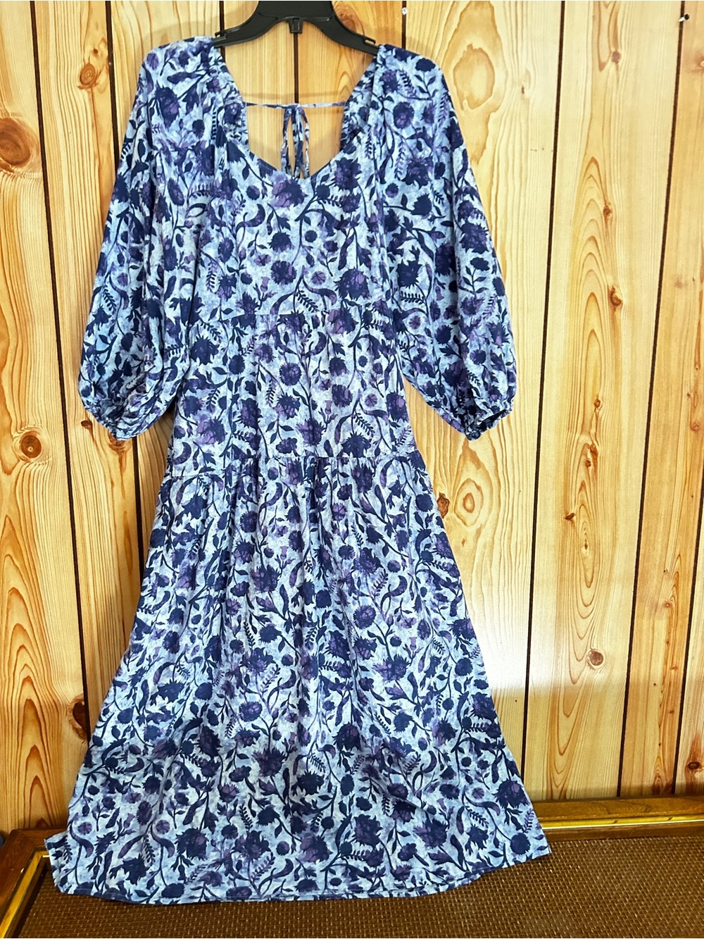 Universal Thread Dress Purple Floral Tiered Midi L 3/4 Balloon Sleeve Cotton